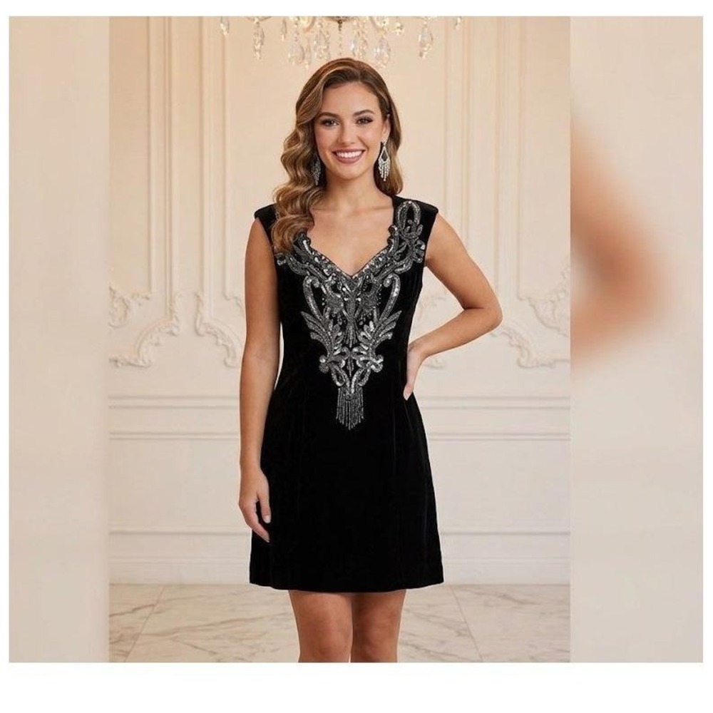 Lillie Rubin Vintage 80s Cocktail Dress 4 Black Velvet Beaded Sequin Whimsigoth